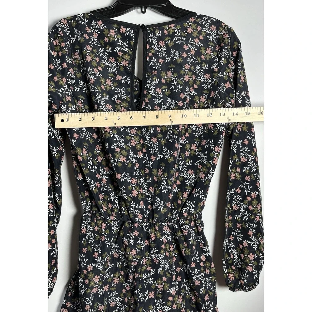 Charlotte Russe Sz Sm Black Pink Floral Long Sleeve‎ Romper Tie Front Light Boho